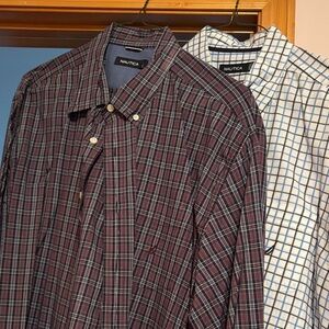 Nautica Men's Casual Plaid and Checkered Shirts - Maroon and White